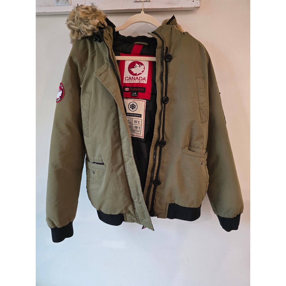 Canada Weathergear Womens Olive Green Faux Fur Hood Bomber Jacket Large